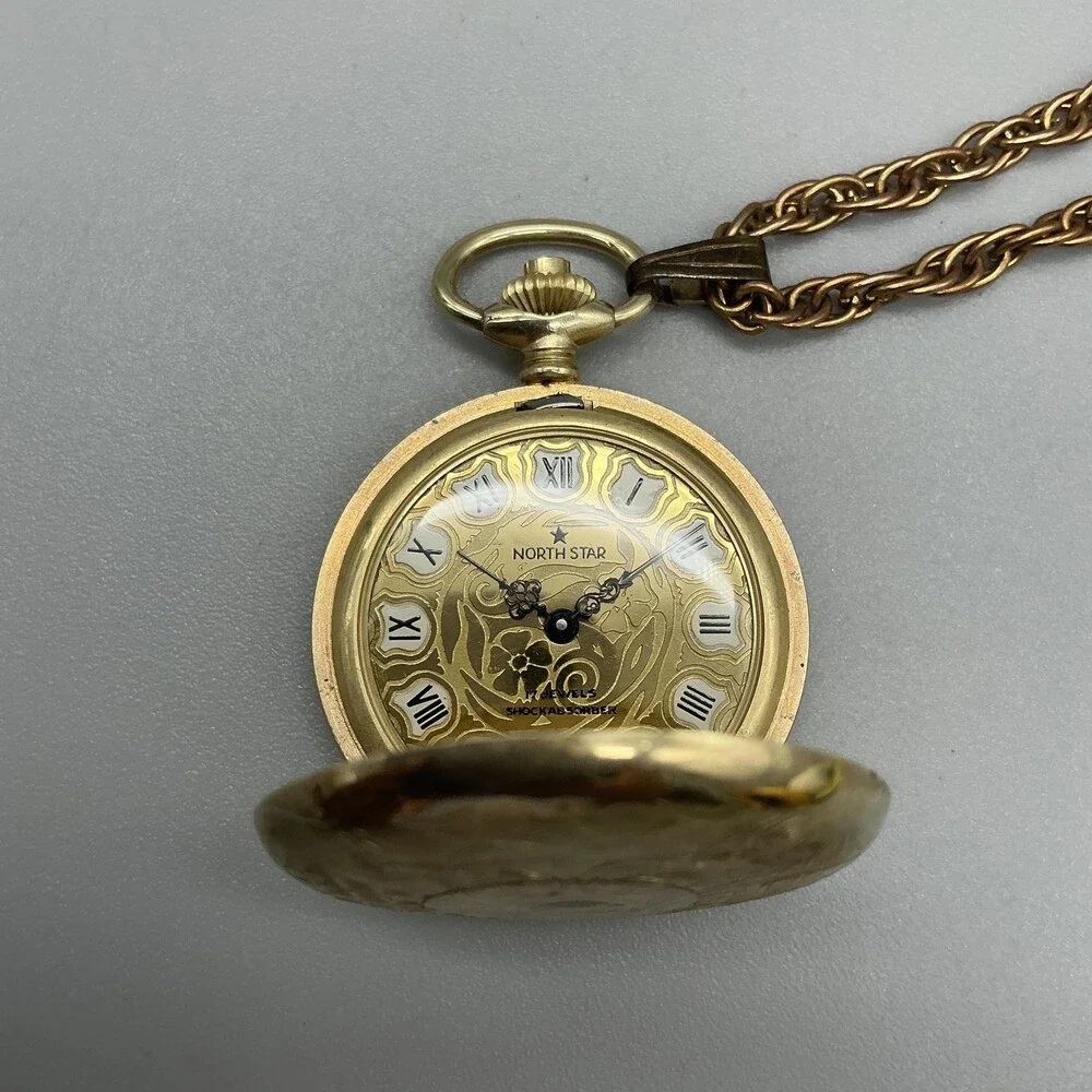 Vintage North Star Watch Pendant Women 36mm Gold Full Hunter Manual Wind Chain